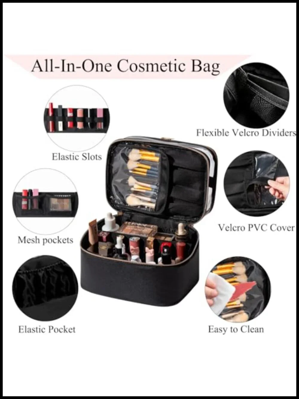 Large Double Layer Makeup Bag with Brush Storage, Waterproof Leather Toiletry